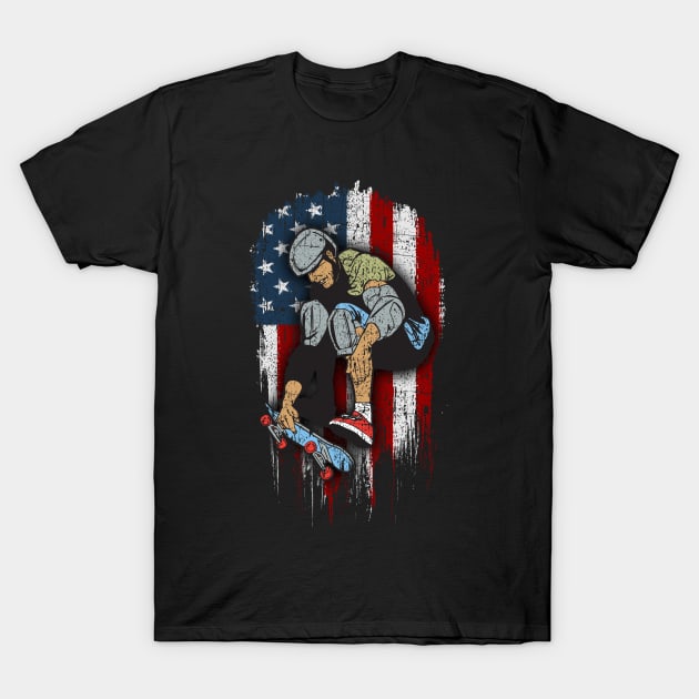 Skateboarder American Flag Skateboard T-Shirt by RadStar